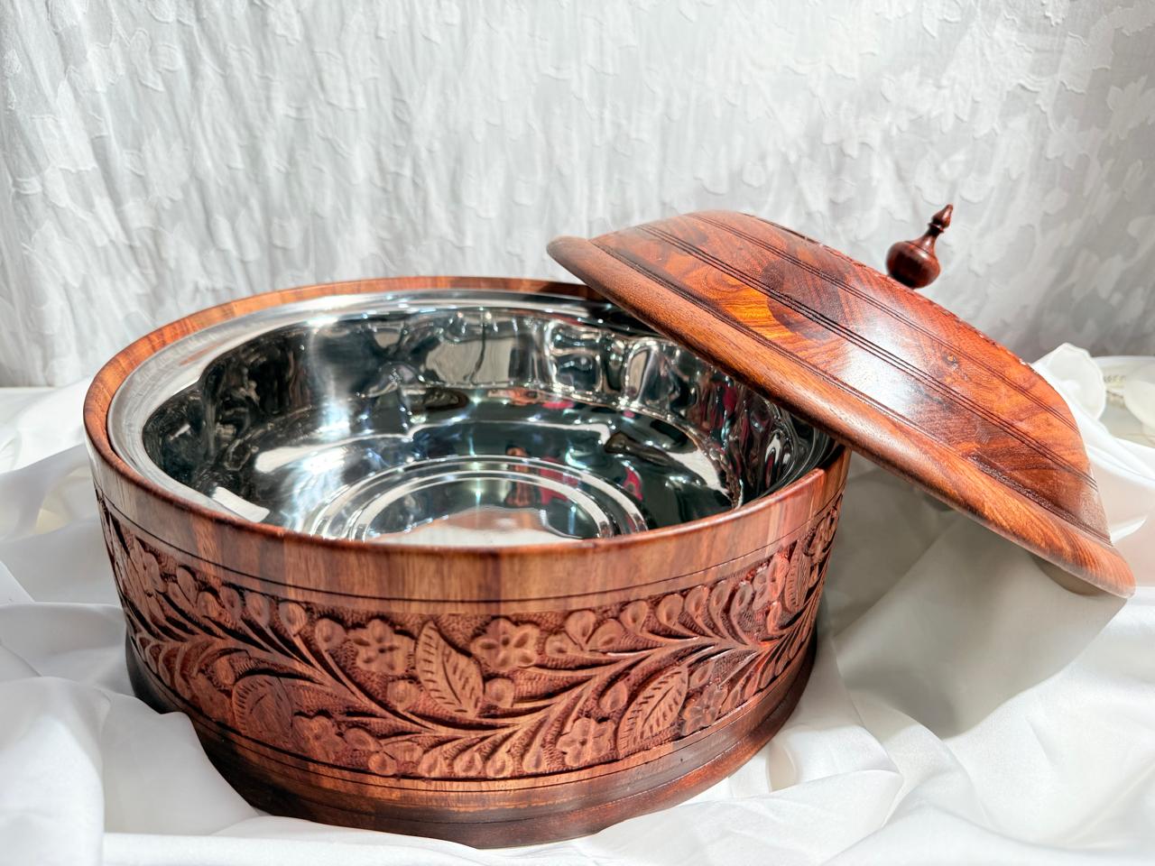 Wooden & Steel Insulated  Serving Bowl with Lid