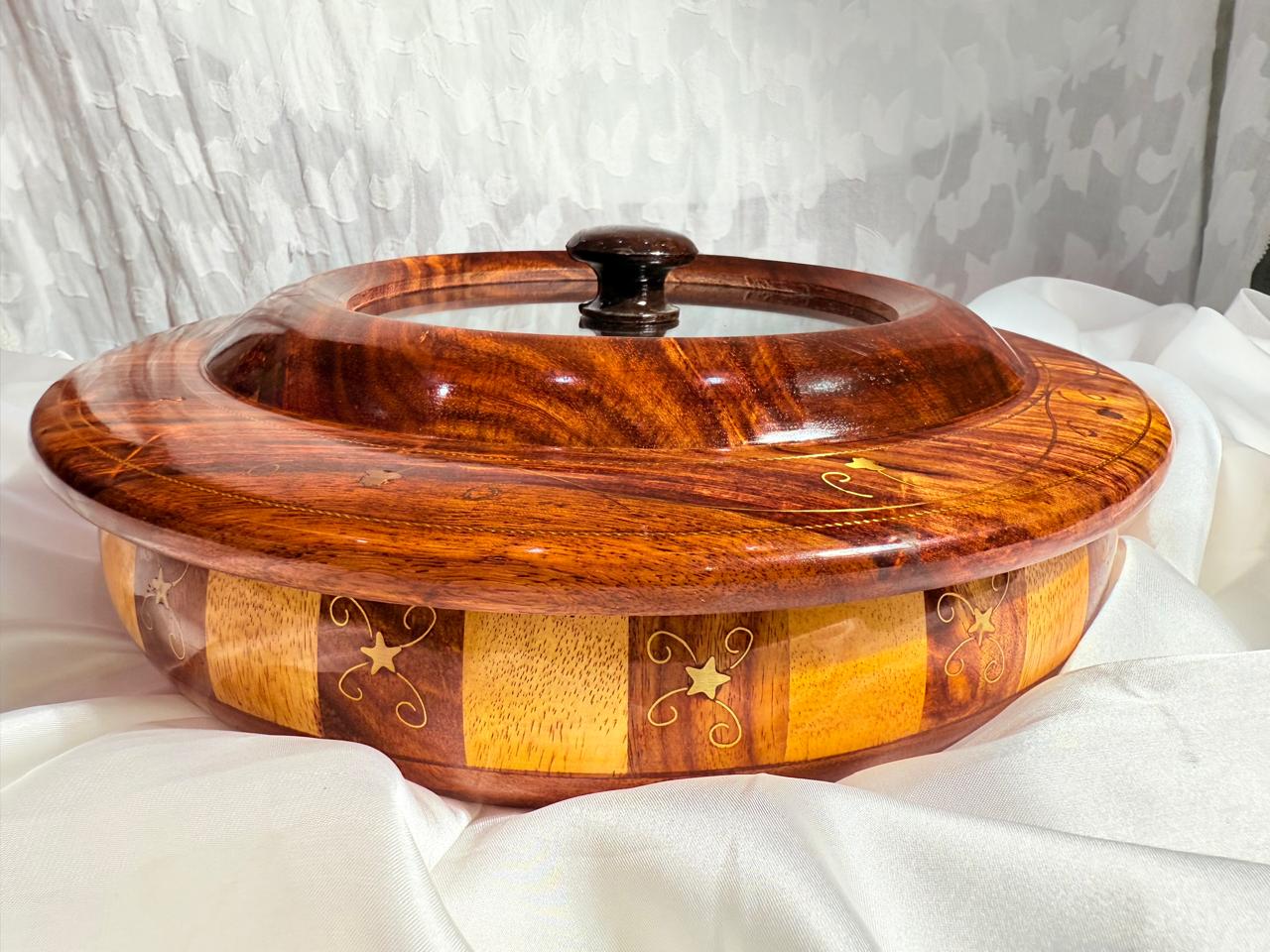 Handcrafted Round Wooden Dry fruit Tray  with Glass Lid